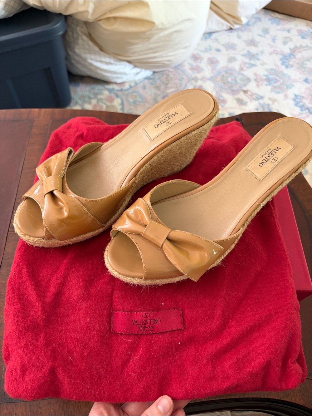 Valentino Tan Patent Leather Bow Espadrille Wedges